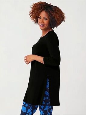Susan Graver Every Day Liquid Knit 3/4 Sleeve Black Tunic Size L Petite